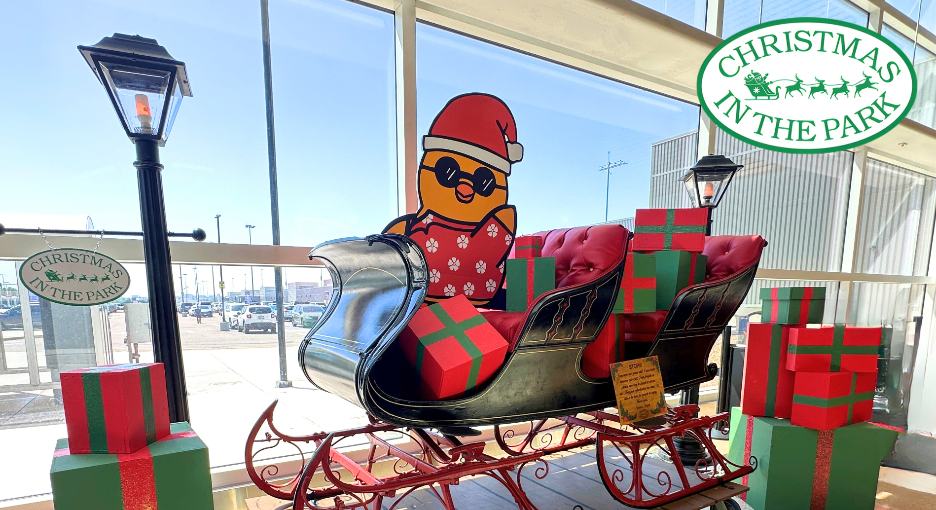 Christmas in July sleigh in Terminal B Baggage Claim
